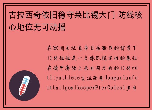 古拉西奇依旧稳守莱比锡大门 防线核心地位无可动摇